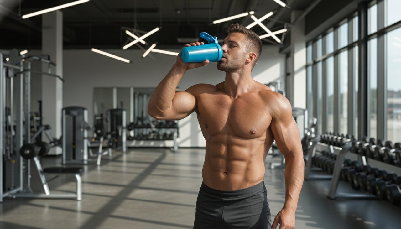 Athlète buvant son shaker post-entraînement musculation