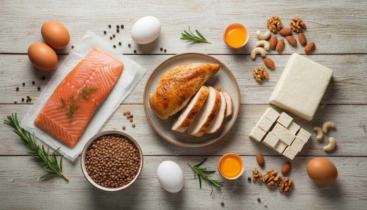 Sources naturelles de protéines : oeufs, poulet, saumon, lentilles