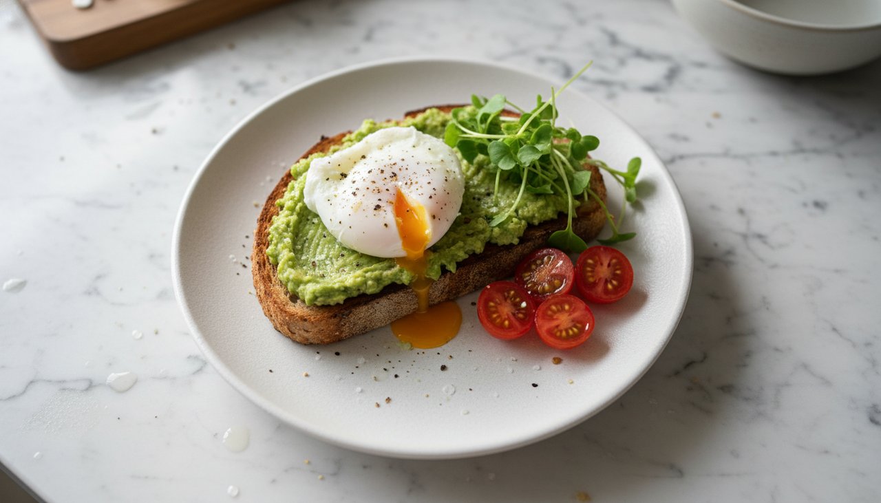 Avocat toast avec oeuf poche et micro-pousses sur pain complet