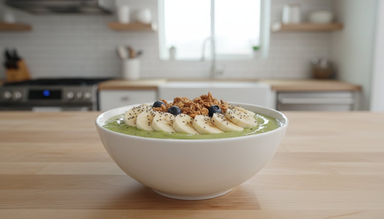 Smoothie bowl vert a base d'avocat et epinards avec banane et graines de chia