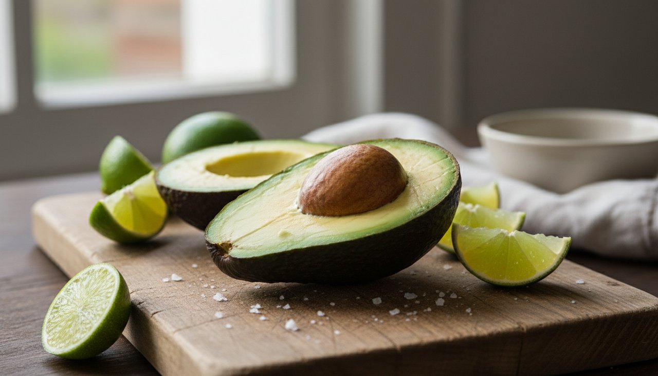 Avocat coupe en deux sur planche en bois avec citron vert et sel de mer