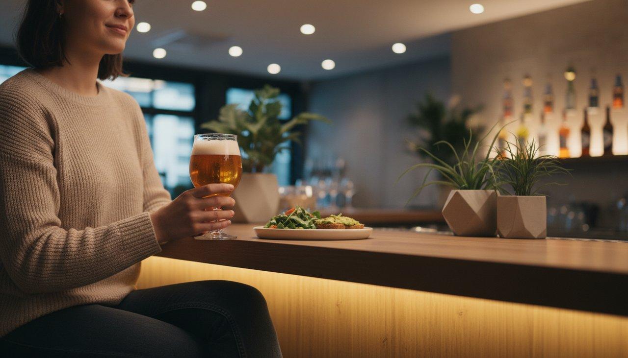 Personne au bar dégustant une bière sans alcool, mode de vie sain