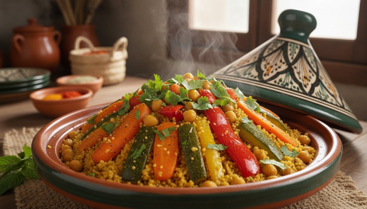 Couscous vegetarien aux legumes colores dans un plat traditionnel