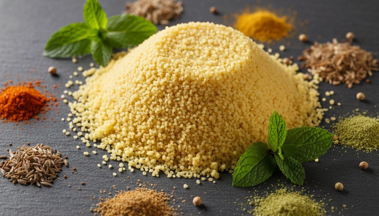 Semoule de couscous doree avec epices et herbes fraiches