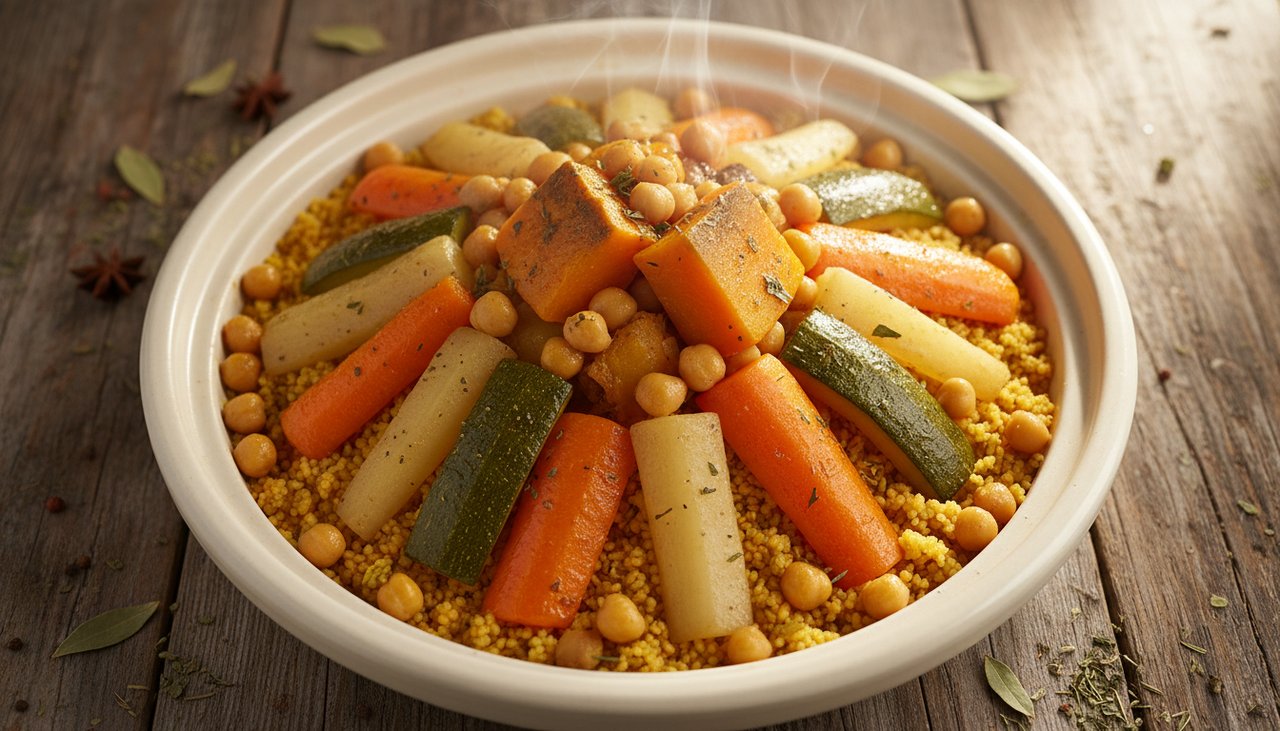 Plat de couscous avec semoule et legumes frais