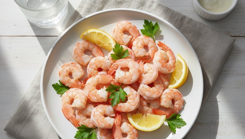 Crevettes roses décortiquées dans une assiette blanche avec citron