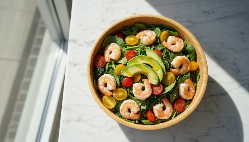 Salade de crevettes saine avec avocat et tomates cerises