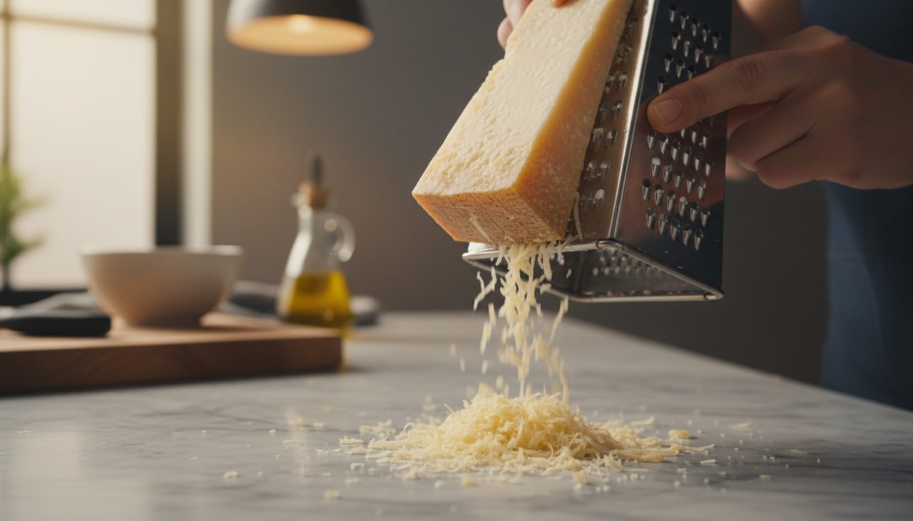 Parmesan affine rape sur une surface en marbre, copeaux dores