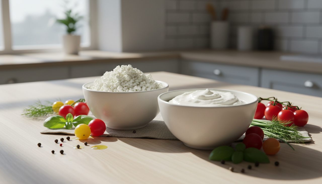 Fromage blanc et ricotta frais dans des bols en ceramique blanche avec herbes et tomates