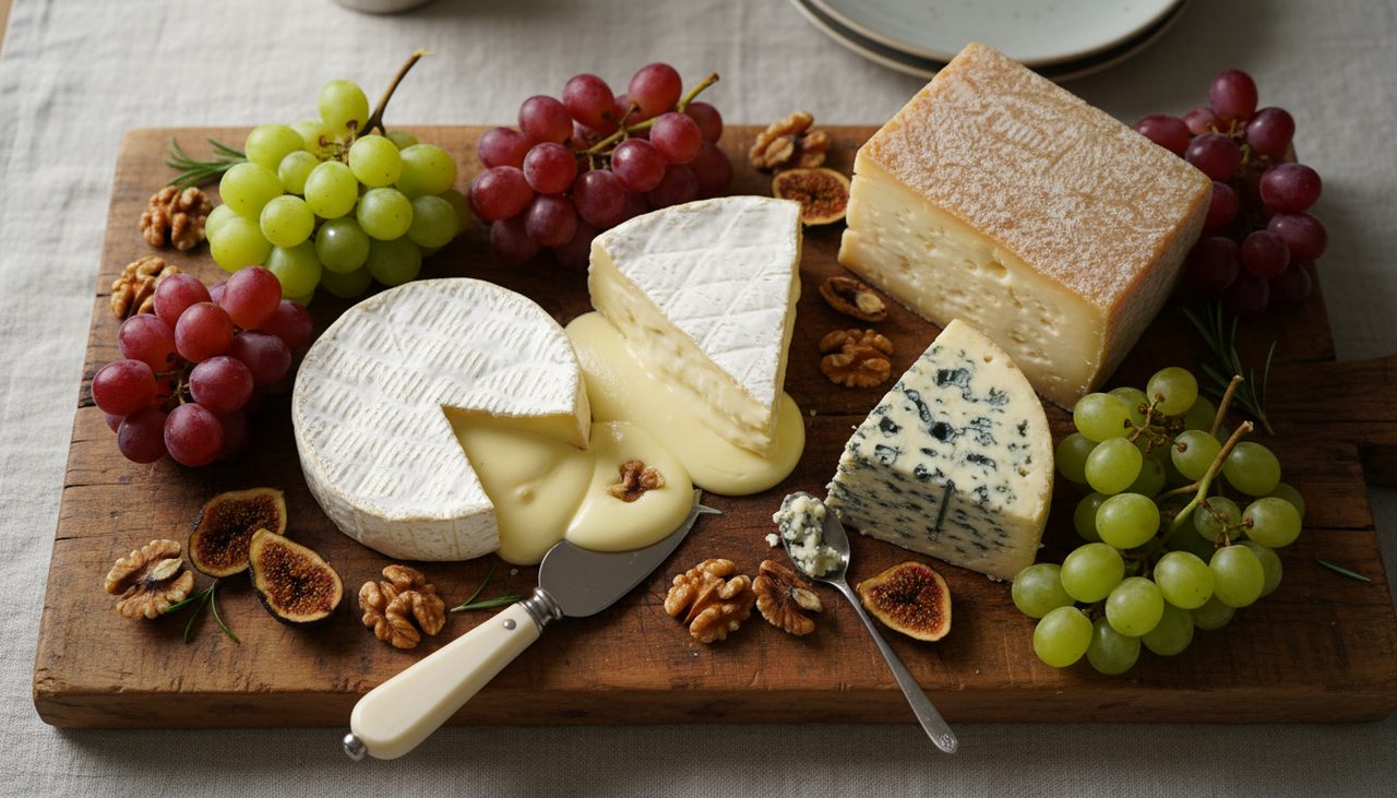 Plateau de fromages francais avec camembert, comte, roquefort et brie sur planche en bois