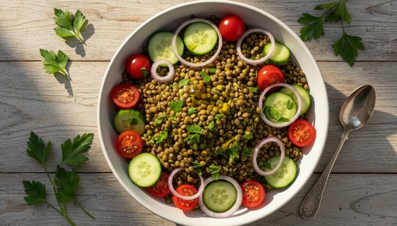 Bol de lentilles vertes cuites avec l&eacute;gumes frais, vue du dessus