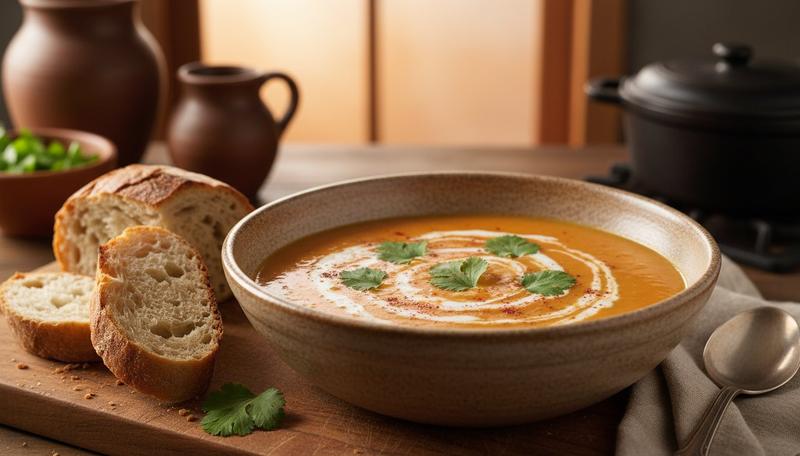 Soupe de lentilles corail au curcuma servie dans un bol en c&eacute;ramique
