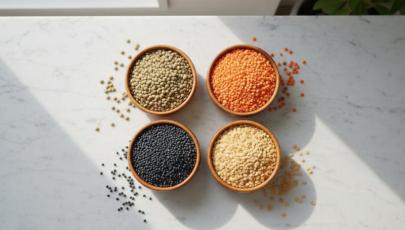 Diff&eacute;rents types de lentilles dans des bols : vertes, corail, beluga et blondes