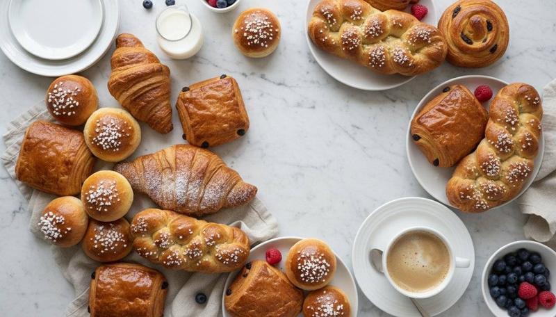 Assortiment de viennoiseries francaises croissants pains au chocolat brioche