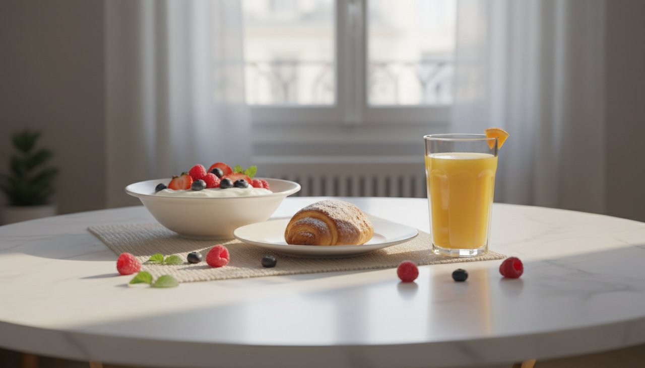 Petit-dejeuner equilibre avec pain au chocolat yaourt fruits frais