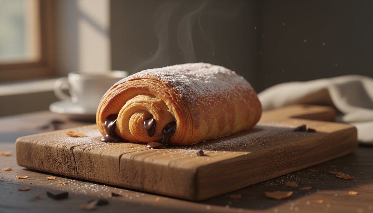 Pain au chocolat dore sur planche en bois avec chocolat noir visible