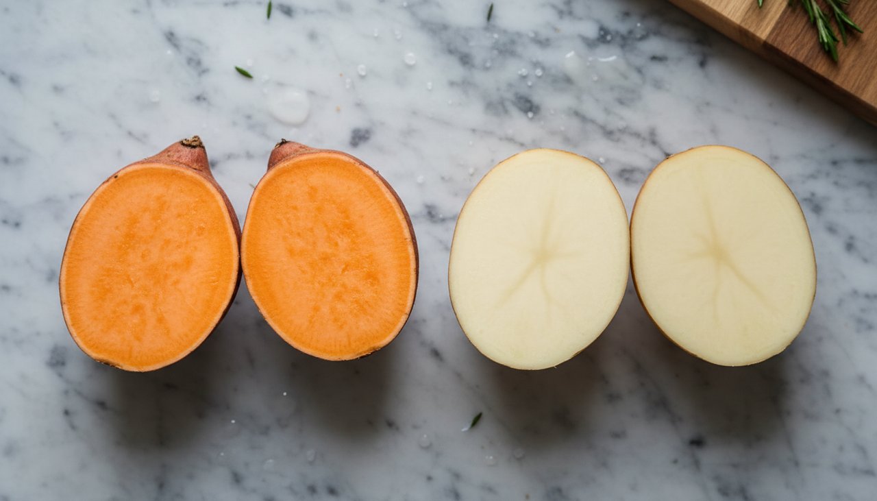 Comparatif patate douce vs pomme de terre coupees en deux
