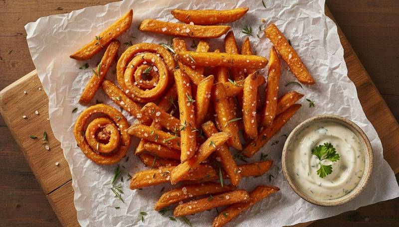 Frites de patate douce croustillantes au four avec herbes fraiches