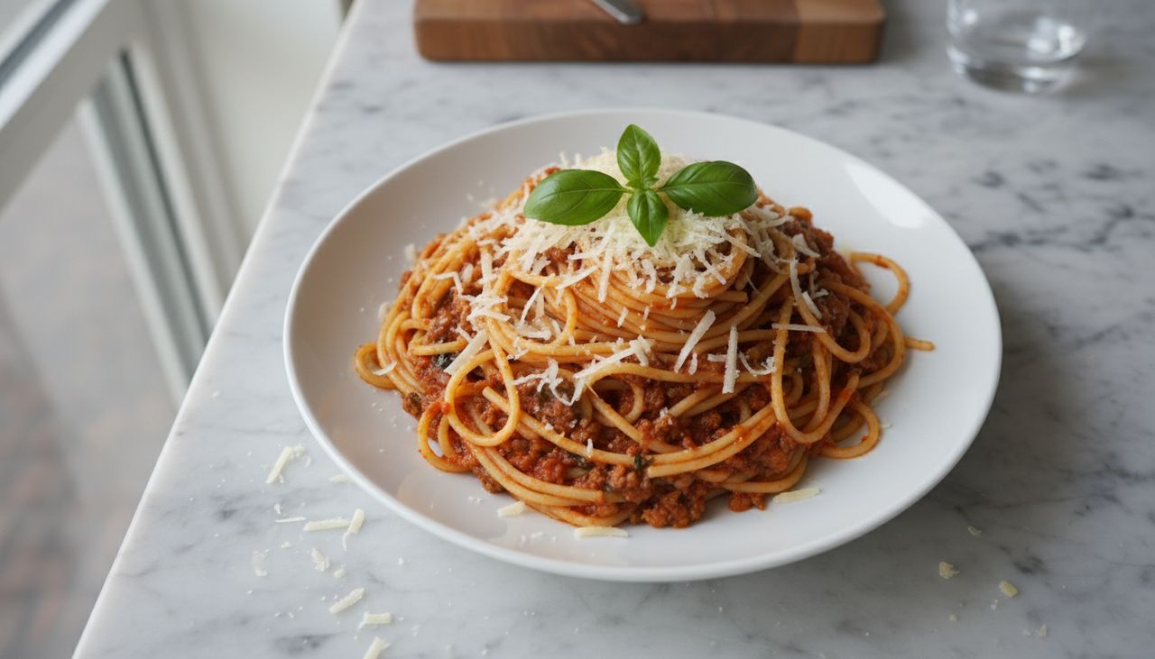 assiette de pates bolognaise avec tableau calorique