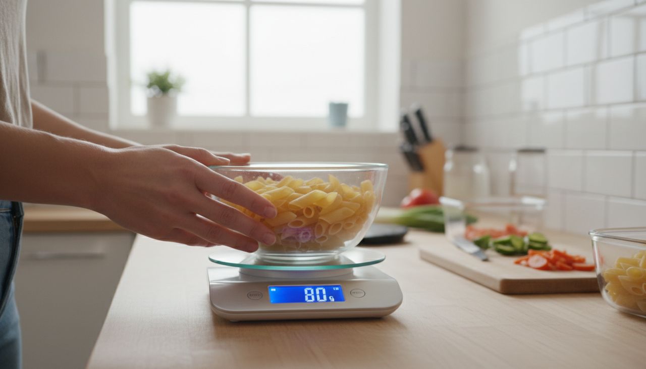 portion de pates crues sur balance de cuisine