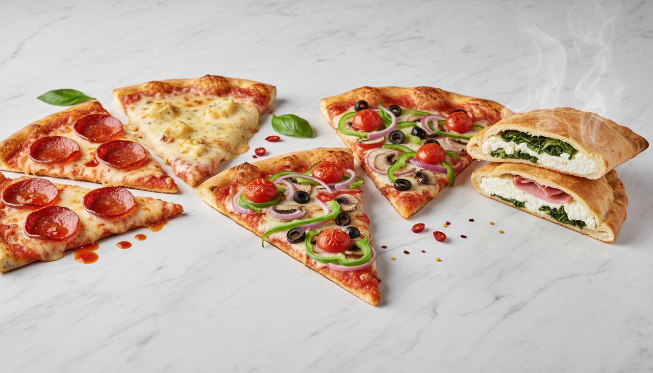 Differentes parts de pizza pepperoni quatre fromages vegetarienne et calzone