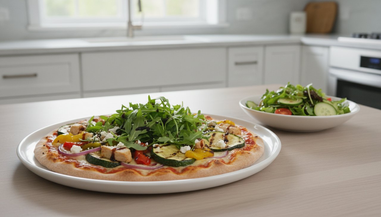 Pizza healthy pate fine avec legumes grilles poulet et salade verte