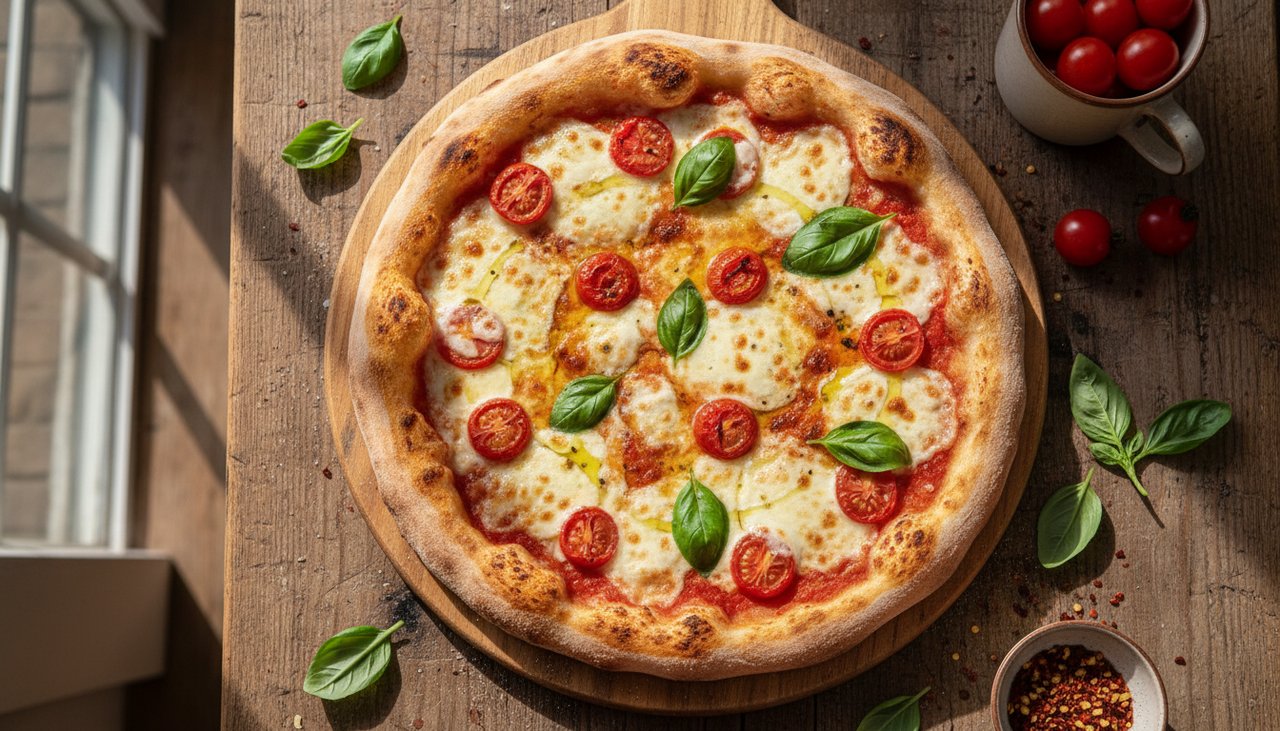 Pizza margherita sortant du four a bois avec mozzarella fondante et basilic frais