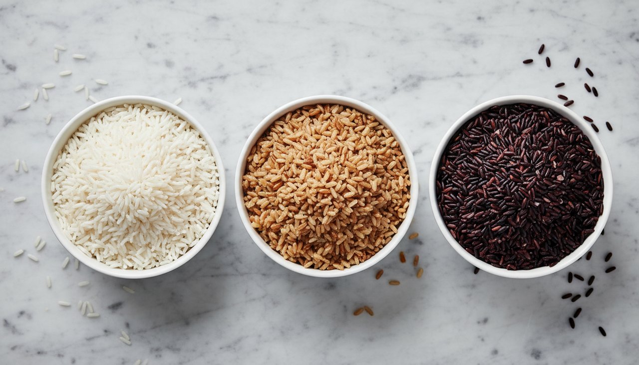 Comparaison de trois variétés de riz : blanc, complet et noir dans des bols en céramique