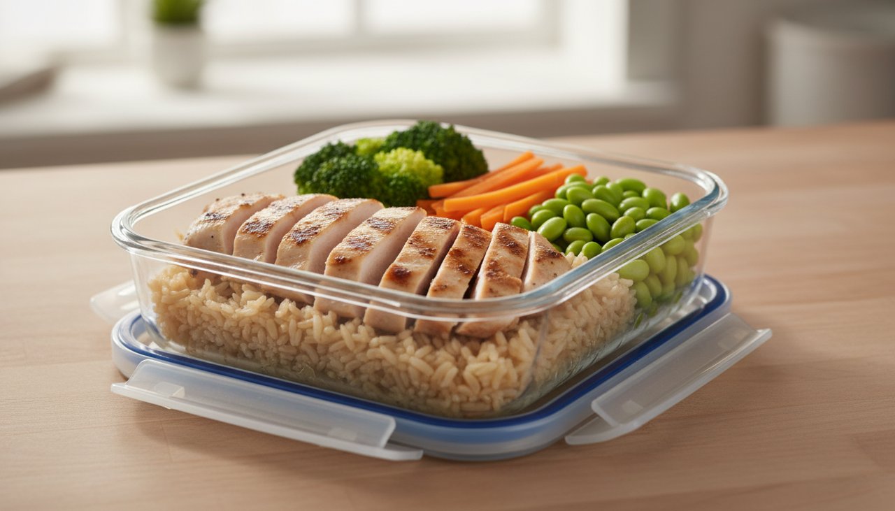Meal prep sain avec riz complet, poulet grillé et légumes colorés dans un conteneur