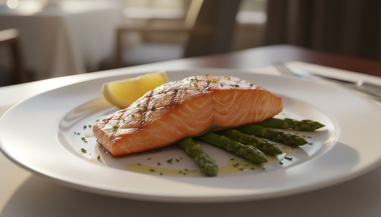 Pave de saumon grille avec asperges et citron dans une assiette