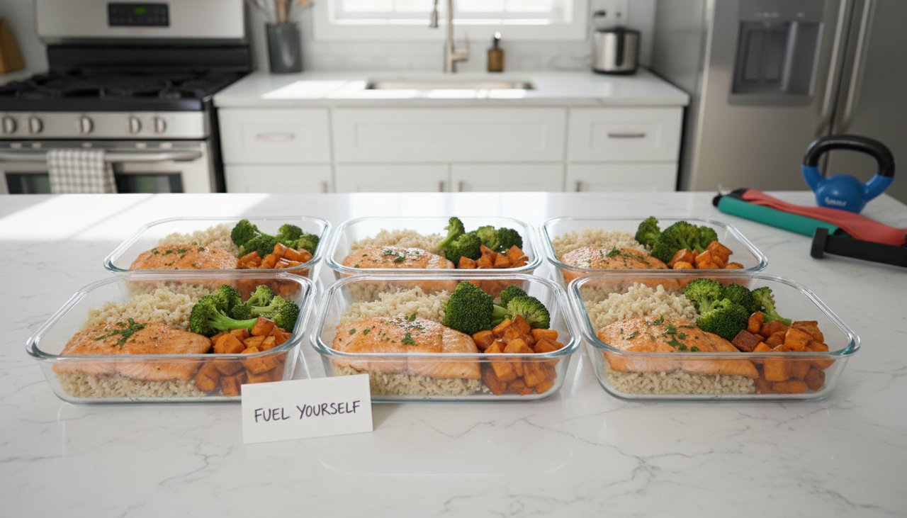Preparation de repas fitness avec saumon riz complet et legumes verts