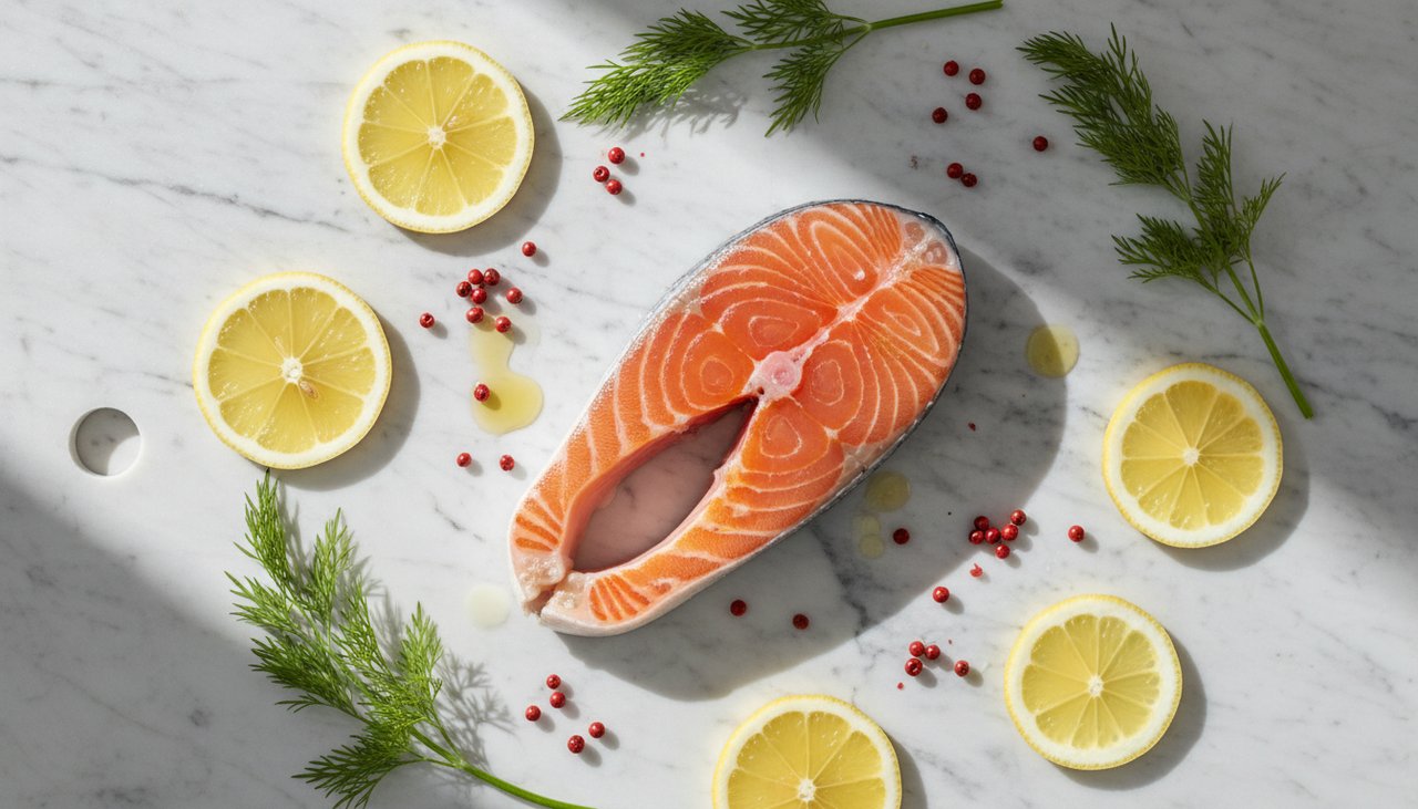 Filet de saumon cru frais sur planche avec citron et aneth