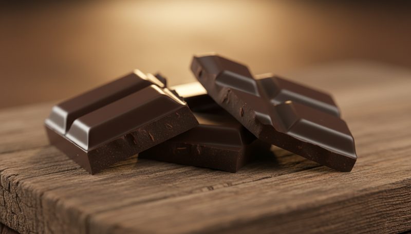 Carres de chocolat noir casses texture brillante et fondante
