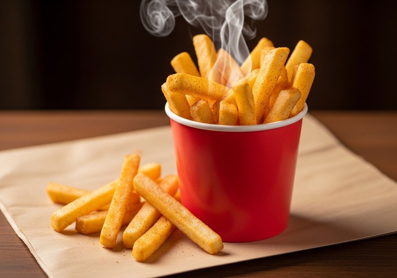 Frites Five Guys Cajun style dans gobelet rouge sur table