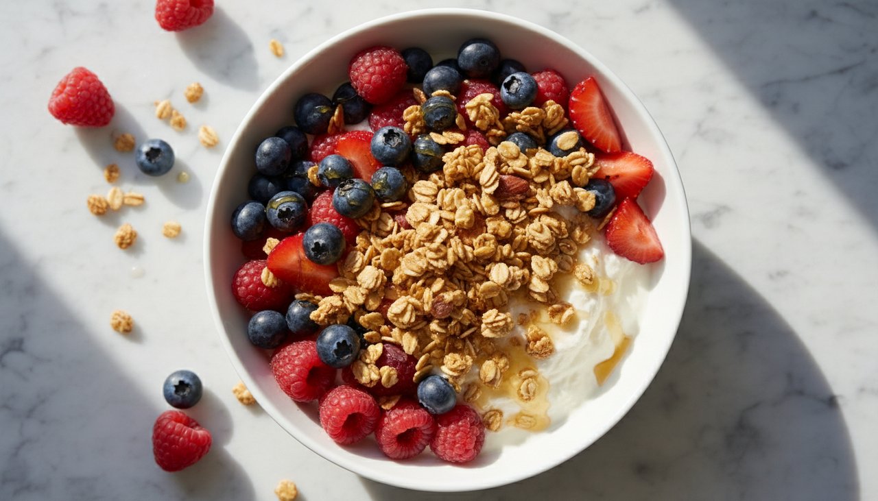 Bowl de fromage blanc aux fruits rouges granola et miel petit dejeuner sain