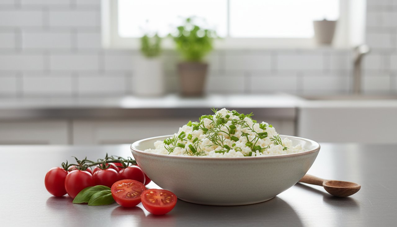 Bol de cottage cheese frais avec herbes et tomates cerises