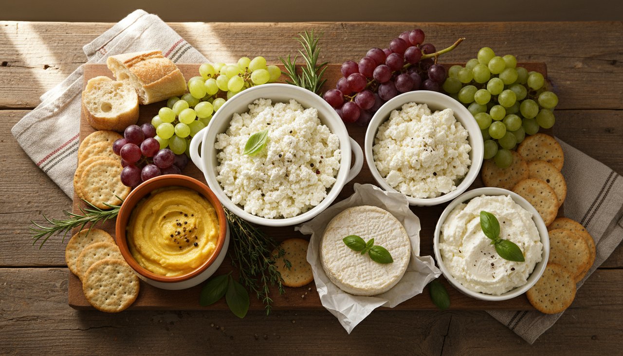 Plateau de fromages legers cancoillotte ricotta chevre frais et cottage cheese