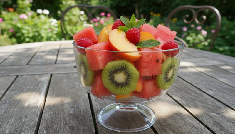 Salade de fruits d ete legere dans un bol en verre avec pasteque framboises et kiwi