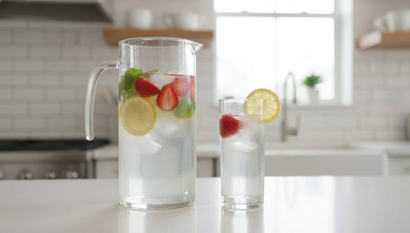 Eau infusee detox aux fraises et citron dans une carafe en verre