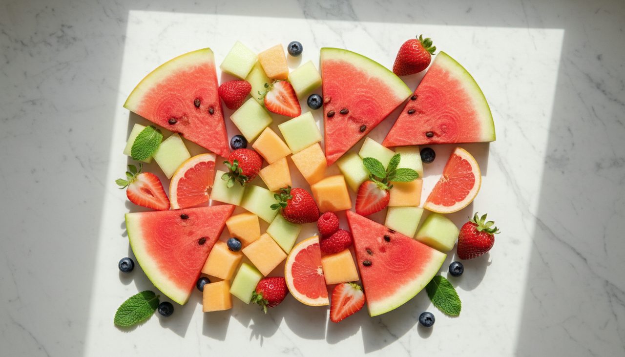 Assortiment de fruits peu caloriques pasteque fraise melon et agrumes