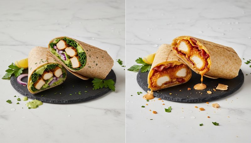 Comparatif visuel McWrap Chèvre Bacon vs McWrap Poulet Grillé sur table