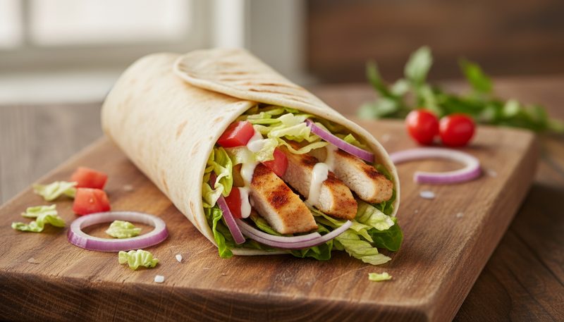 McWrap McDonald's poulet grillé ouvert sur planche en bois avec crudités