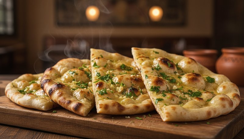 Naan indien fraîchement sorti du four tandoor avec beurre fondu et herbes