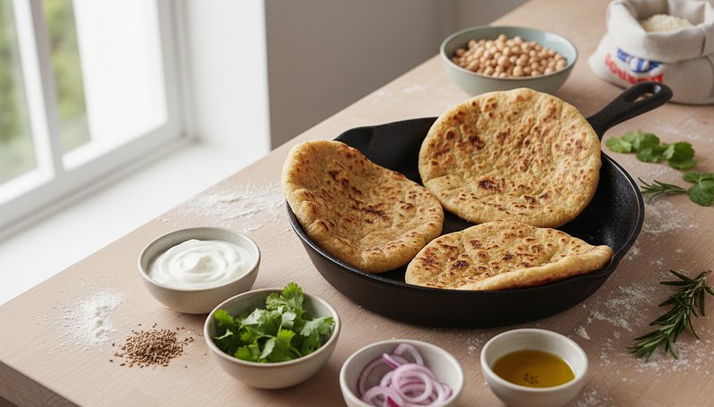 Naan sans gluten fait maison à la farine de sarrasin avec herbes fraîches