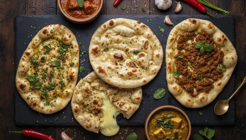 Assortiment de naans indiens variés nature ail fromage et keema sur planche en bois
