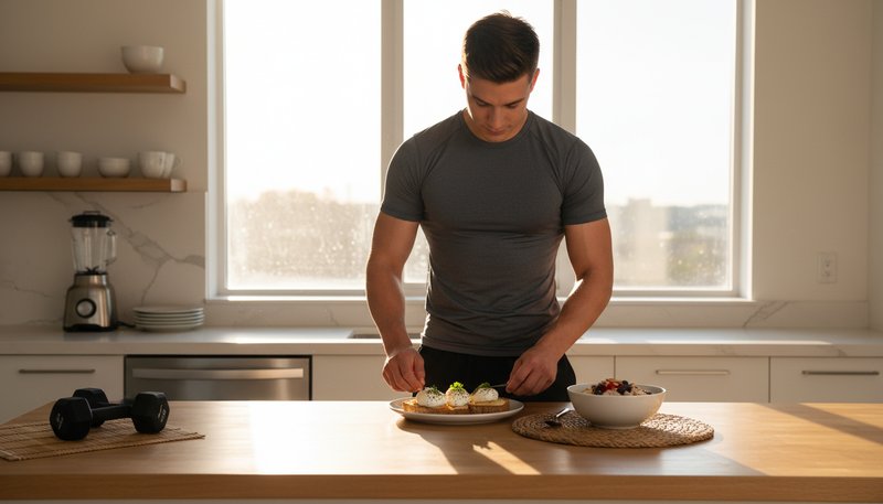 Sportif preparant repas musculation oeufs proteines post entrainement