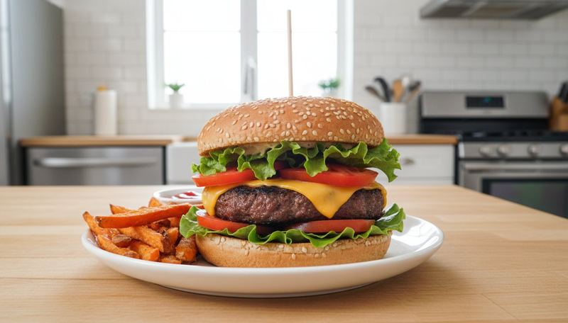 Burger maison avec steak haché, salade et pain complet