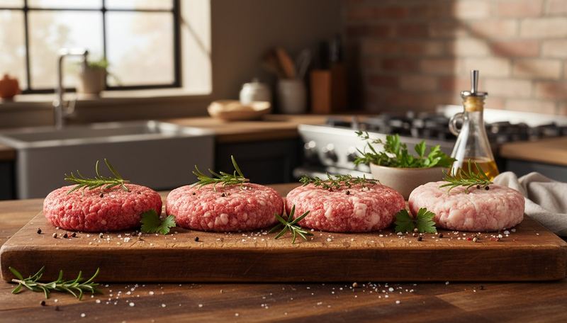 Steaks hachés crus de différents taux de matière grasse sur planche en bois
