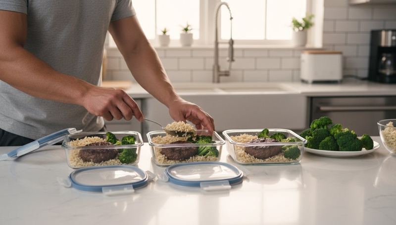Meal prep fitness avec steaks hachés grillés, riz complet et brocolis