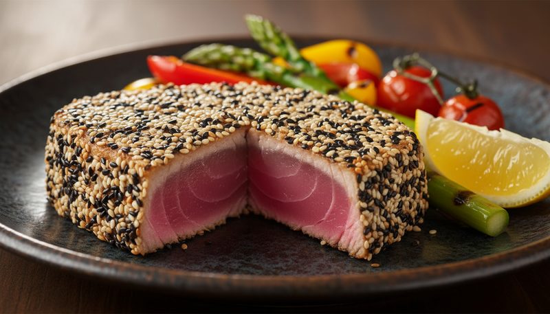 Pave de thon frais grille au sesame avec legumes